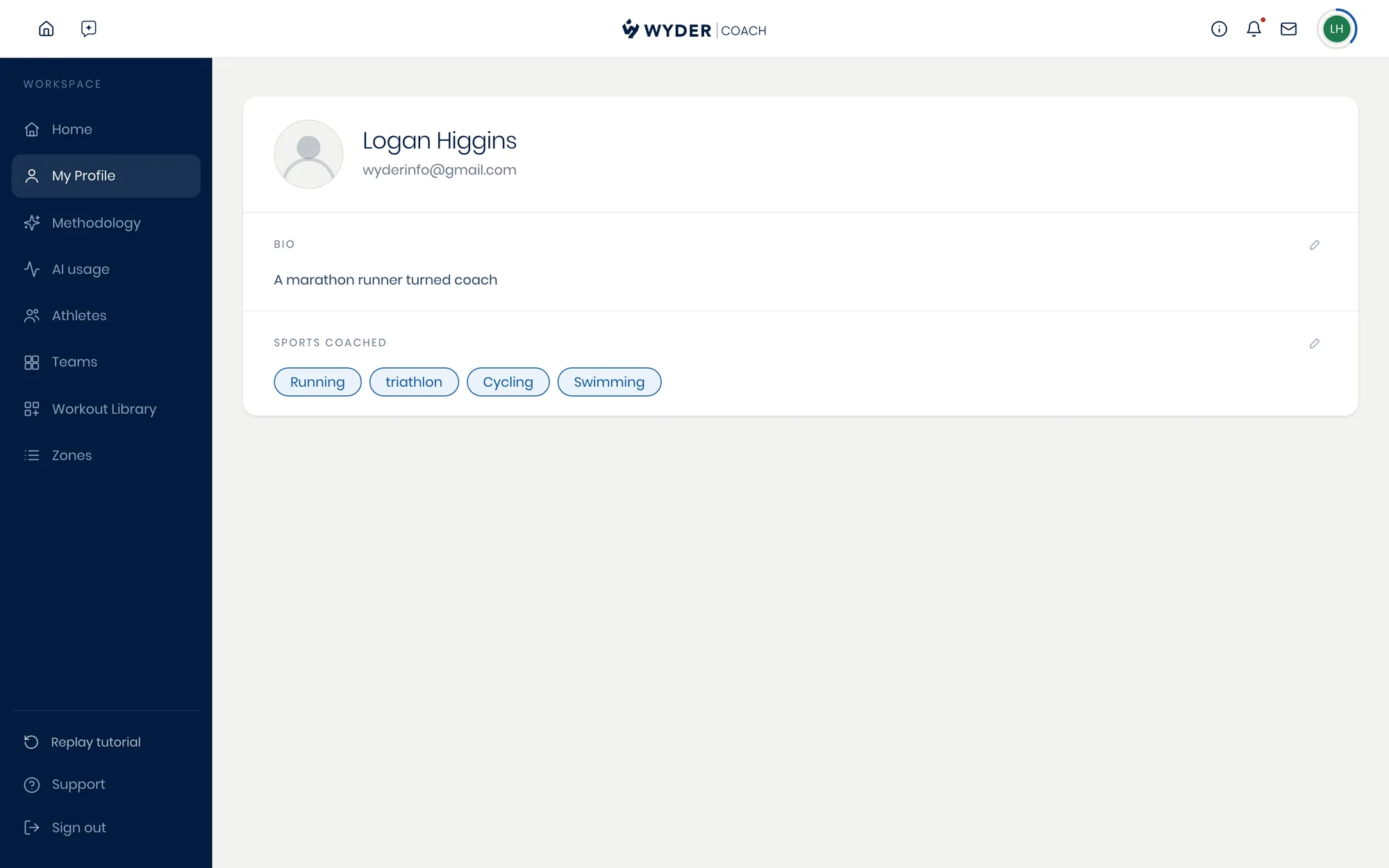 The account workspace, with My Profile open and all seven tabs in the sidebar