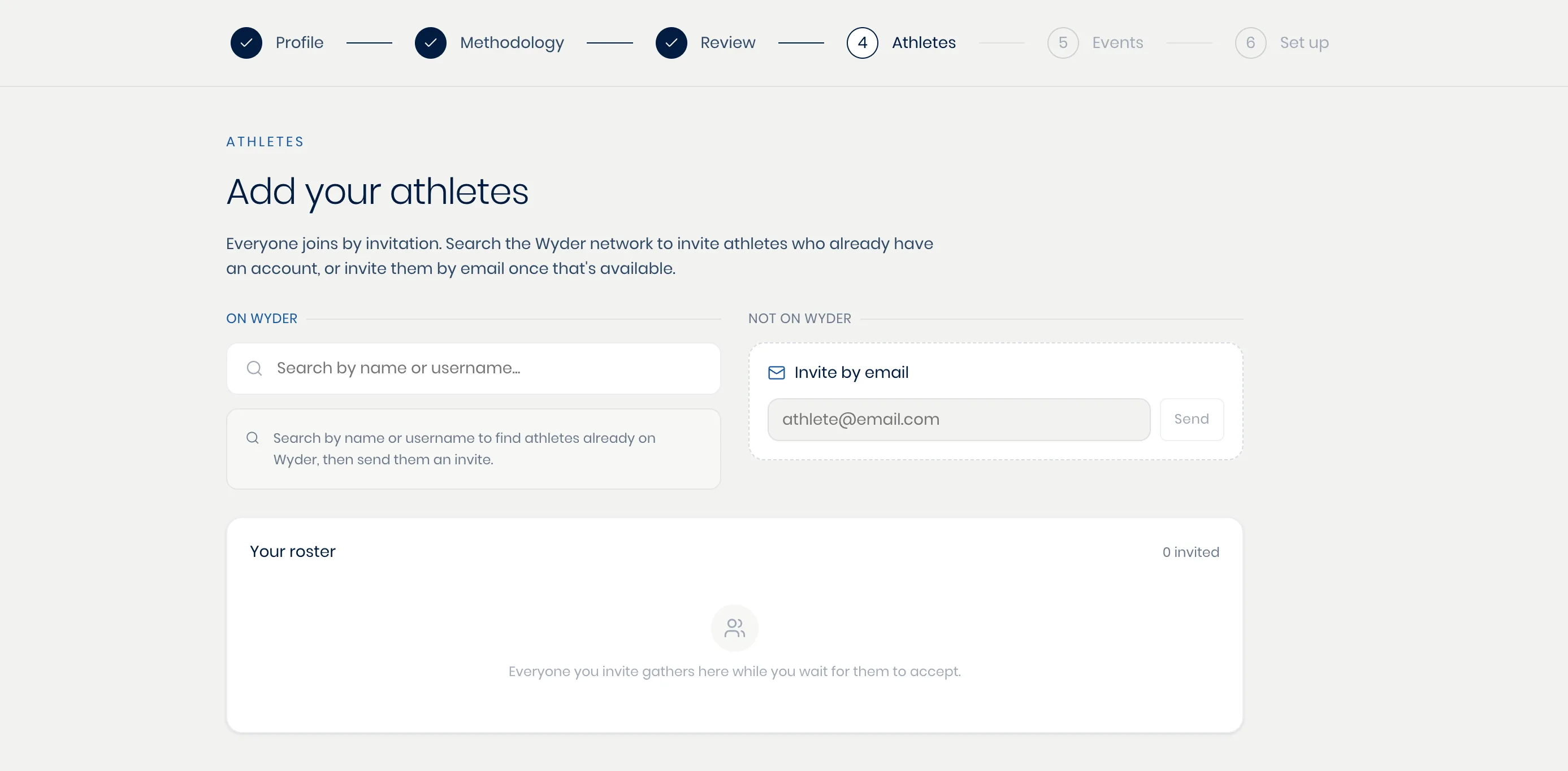 The invite-athletes screen, with a search field for athletes already on Wyder and an email-invite field