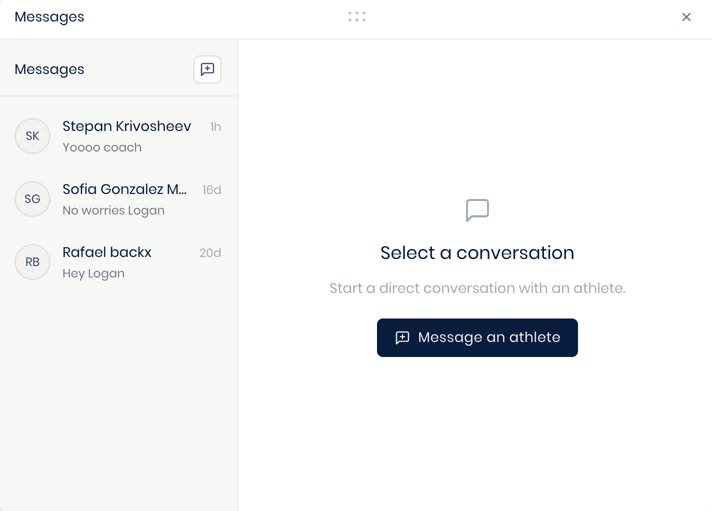 The messaging panel, open over the dashboard, with a conversation thread selected