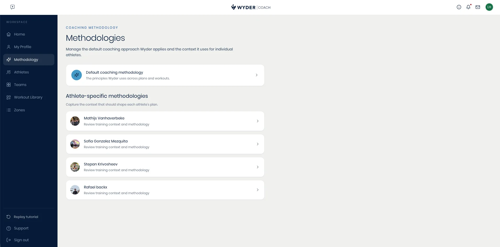 Athlete-specific methodologies, listed alongside the default coaching methodology in Your account