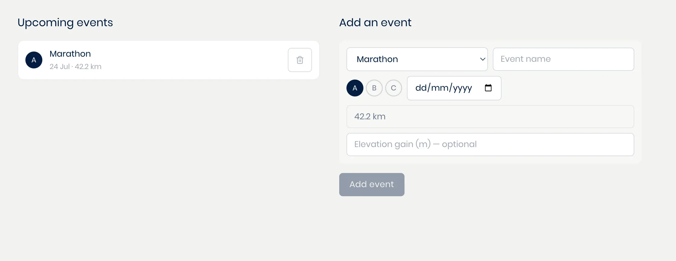 The goal screen shown when setting up a new athlete, with an event name, priority, distance, and date