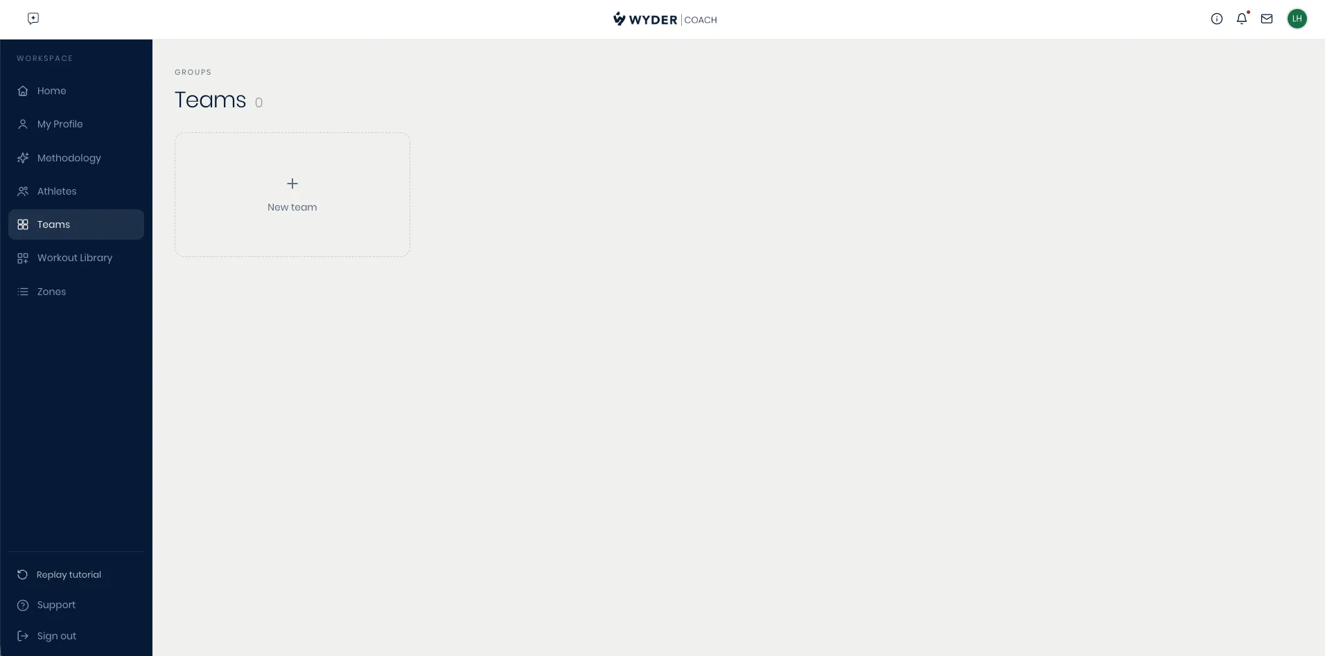 The Teams page under Your account, where you create a new team