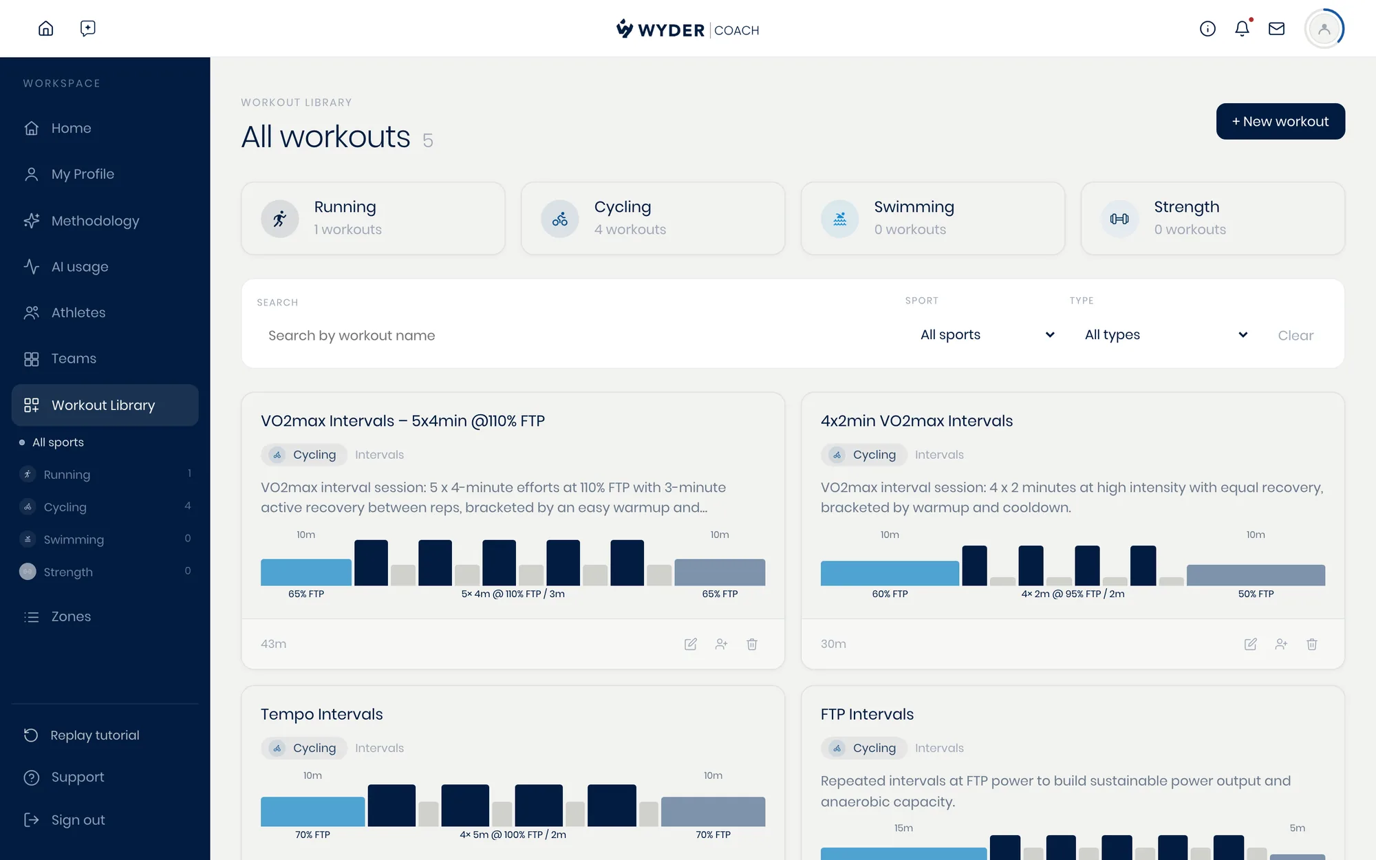 The workout library, showing saved templates filtered by sport
