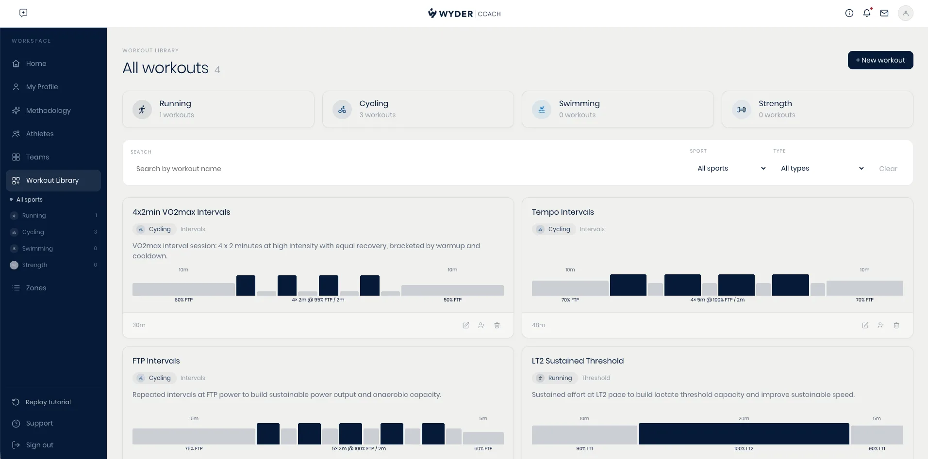 The workout library, showing saved templates filtered by sport