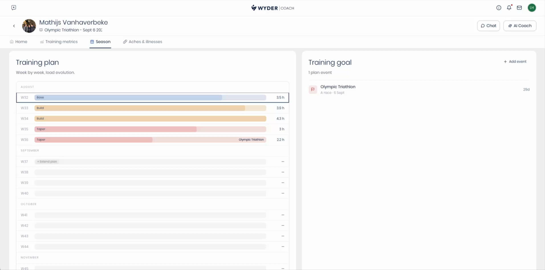 Clicking Add event on an athlete's Season tab and entering a race's type, priority, date, and distance